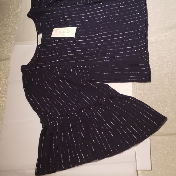 Sienna Sky NEW Blouse Top Back Buttons Metallic Lurex Stripe Dark NAVY Women's - Picture 14 of 16